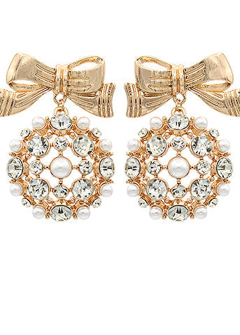 Pave Stone and Pearl Cluster Bow Earring - Clear