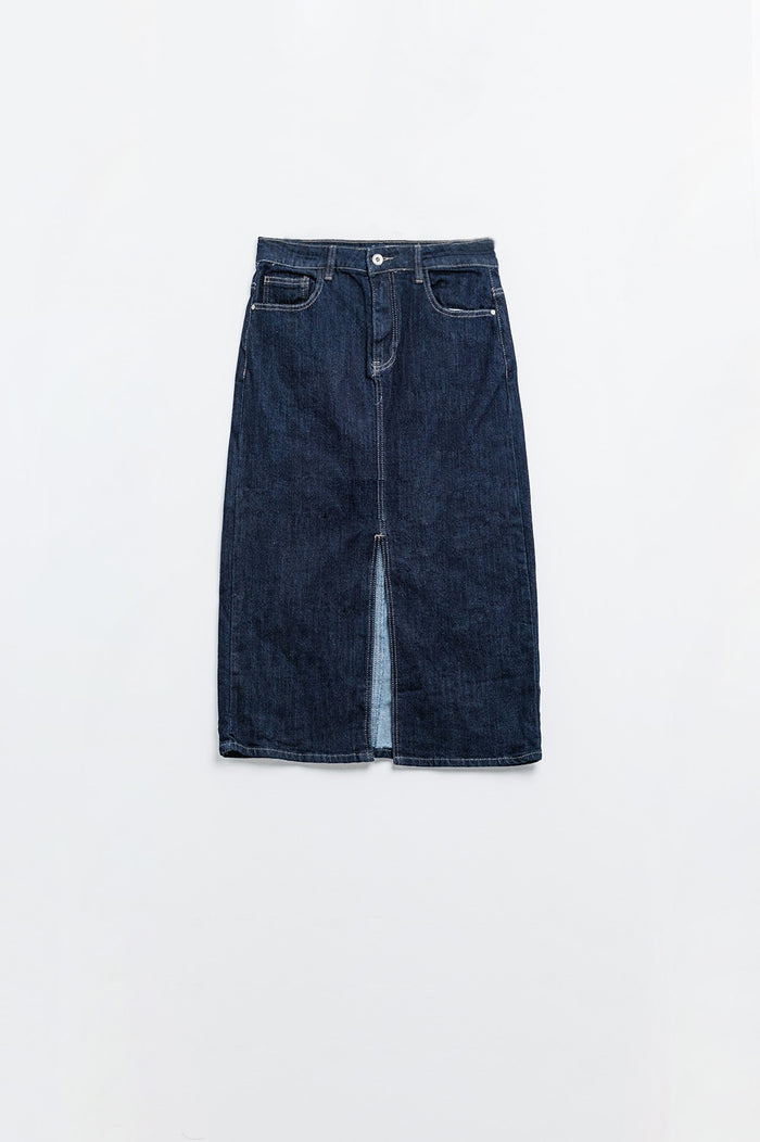 pencil denim skirt in dark wash