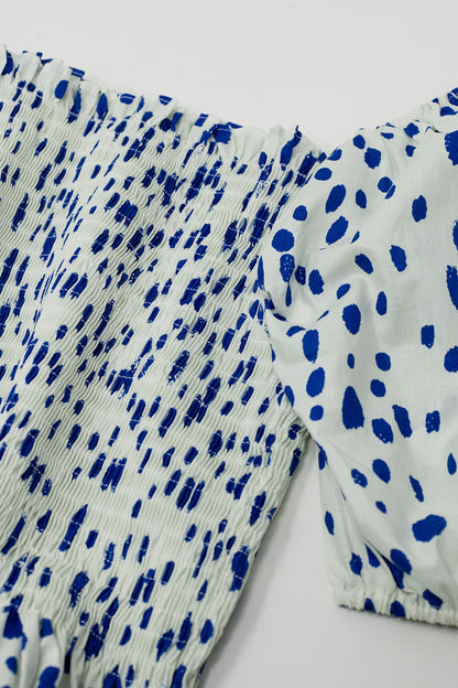 Peplum Shirred White Blouse With Blue Polka Dots