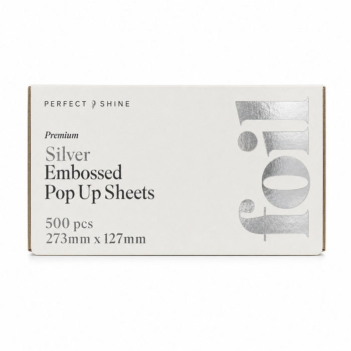 Perfect Shine Premium Silver Embossed Pop-Up Foil Sheets 500 Pack measuring 273mm x 127mm, pre-cut professional hair colouring foils with embossed texture for enhanced grip during highlighting, balayage and bleaching.