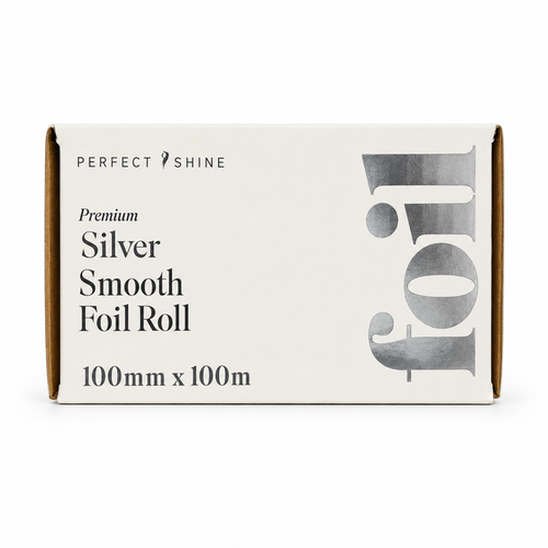 Perfect Shine Premium Silver Smooth Foil Roll 100mm x 100m professional hair colouring foil in dispenser box, designed for highlighting, balayage, bleaching and precision colour application in salons.