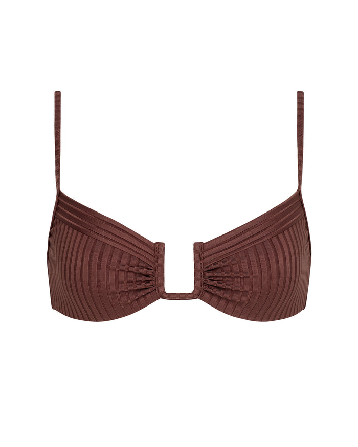 Off-model front view of the LSPACE cafe Peyton Bikini Top on a flat surface.