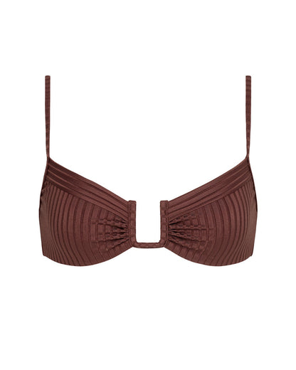 Off-model front view of the LSPACE cafe Peyton Bikini Top on a flat surface.