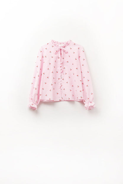 Pink Blouse with Cherry Details and Tied Bow - Shirts