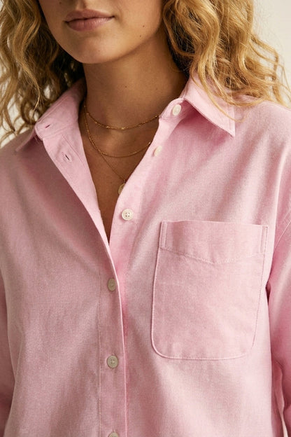 Pink Button-Up Cropped Shirt with Collar - Shirts