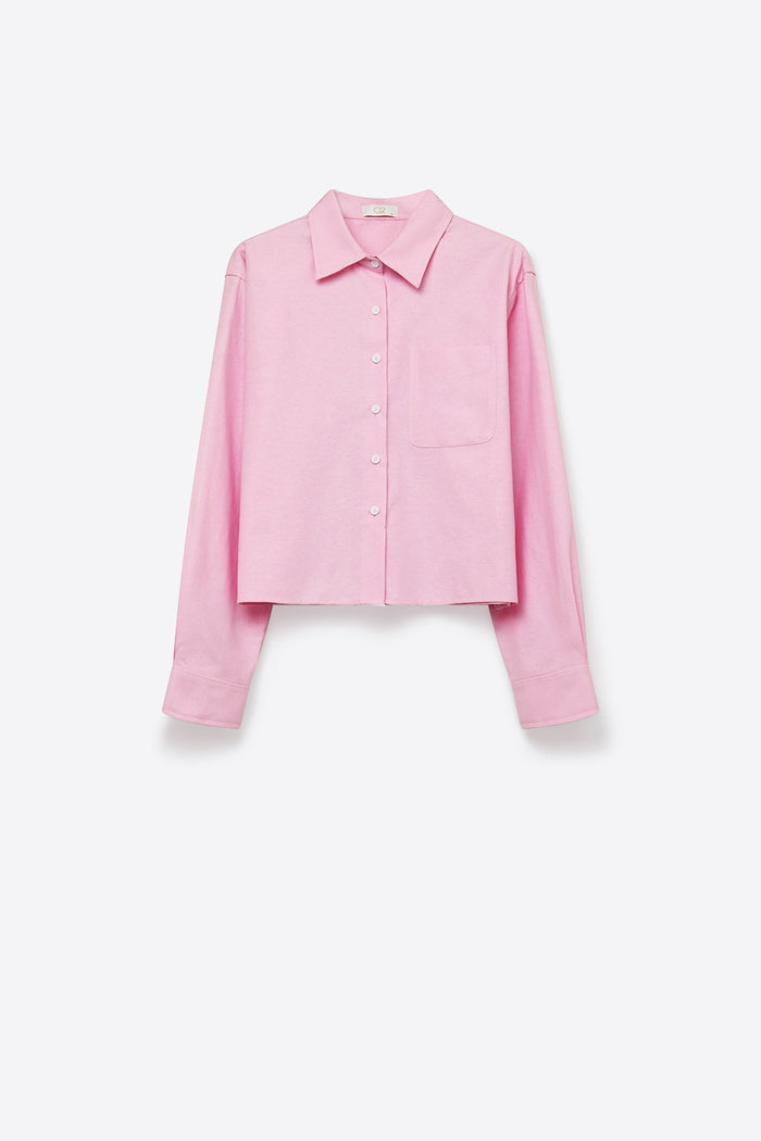 Pink Button-Up Cropped Shirt with Collar - Shirts