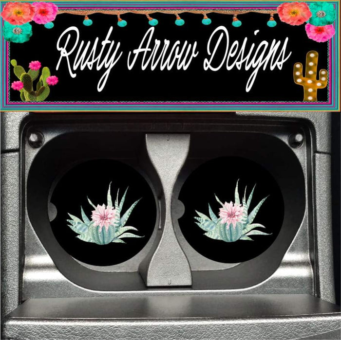 Pink Cactus Plant Black Set of 2 Car Coasters - Car Coasters