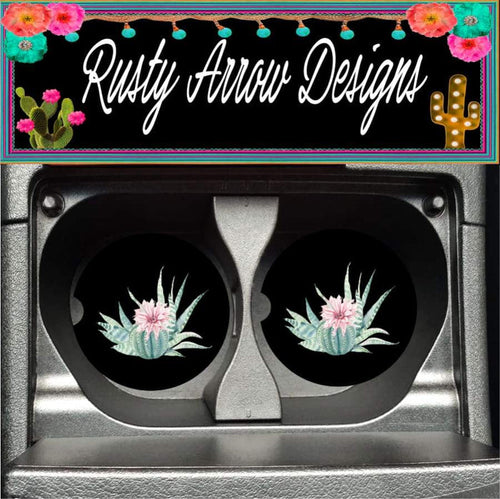 Pink Cactus Plant Black Set of 2 Car Coasters - Car Coasters