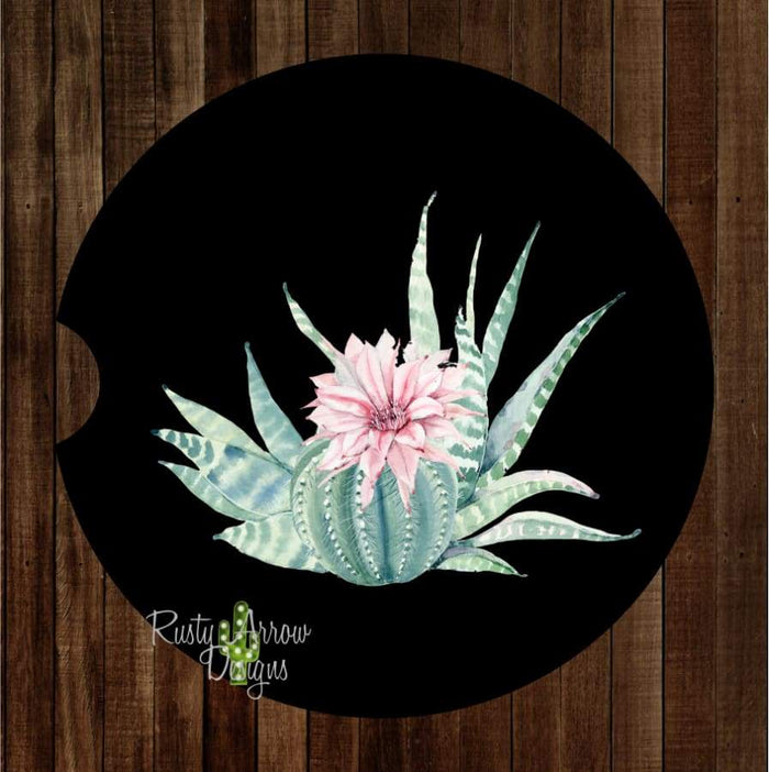 Pink Cactus Plant Black Set of 2 Car Coasters - Car Coasters