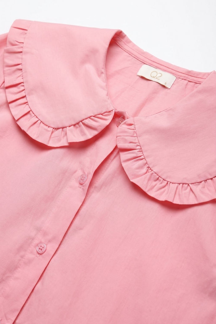 Pink Cotton Poplin Ruffle Prairie Collar Long Sleeve Shirt - Shirts