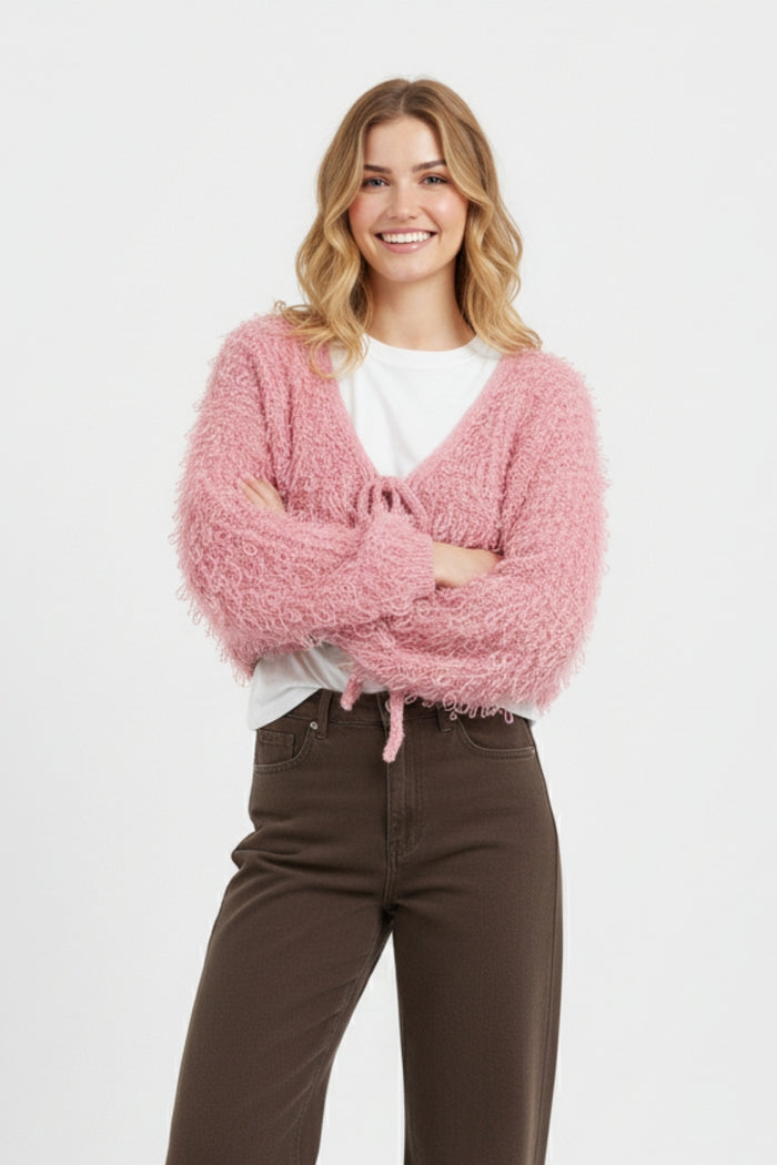 Pink Cropped chunky Knit cardigan with V-Neck and Front Tie closure