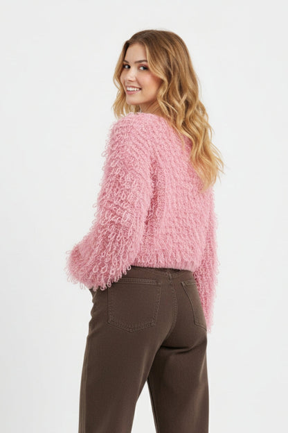 Pink Cropped chunky Knit cardigan with V-Neck and Front Tie closure