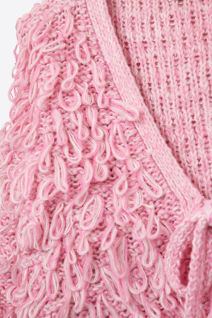 Pink Cropped chunky Knit cardigan with V-Neck and Front Tie closure
