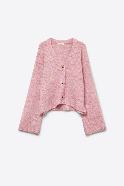Pink fluffy Knit Button Front Relaxed Fit Cardigan with sequin details