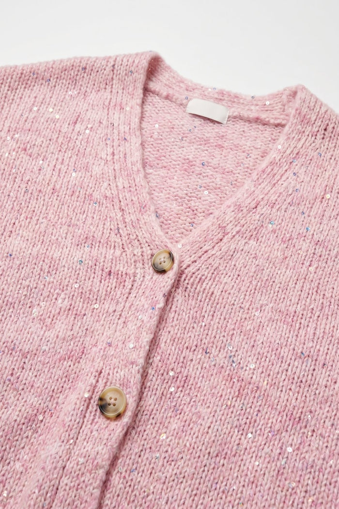 Pink fluffy Knit Button Front Relaxed Fit Cardigan with sequin details