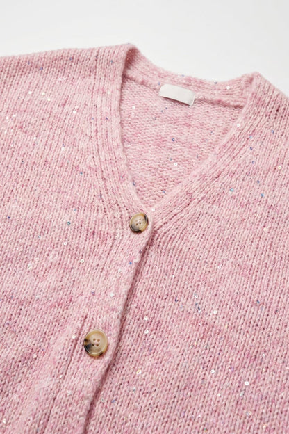 Pink fluffy Knit Button Front Relaxed Fit Cardigan with sequin details