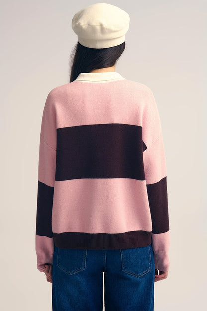 Pink Knit Polo Sweater with Brown Stripes