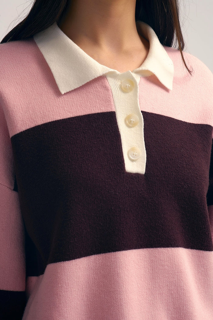 Pink Knit Polo Sweater with Brown Stripes