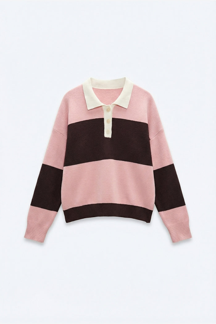 Pink Knit Polo Sweater with Brown Stripes