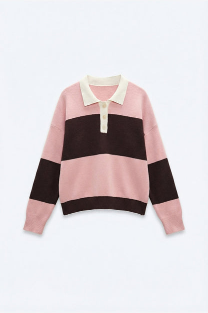 Pink Knit Polo Sweater with Brown Stripes
