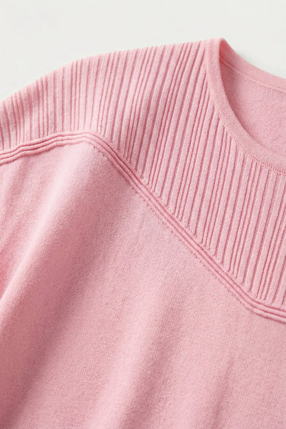 Pink Knit Short Sleeve Sweater with Ribbed Detail