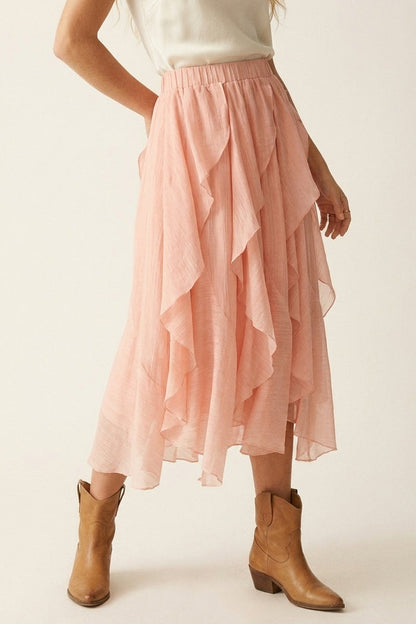 Pink Lightweight Woven Ruffle Tiered Asymmetrical Midi Skirt