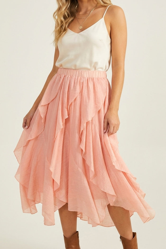 Pink Lightweight Woven Ruffle Tiered Asymmetrical Midi Skirt
