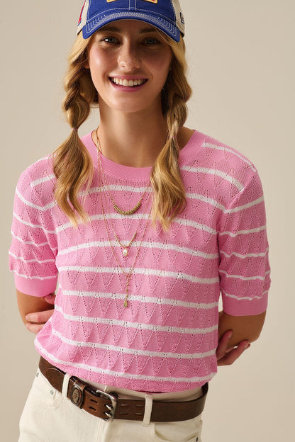 Pink Openwork Knit Top with Short Sleeves and White Stripes