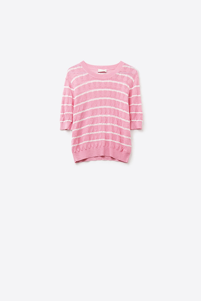 Pink Openwork Knit Top with Short Sleeves and White Stripes