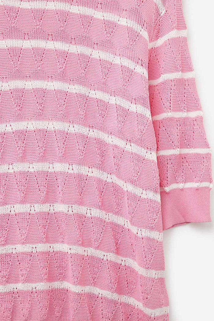 Pink Openwork Knit Top with Short Sleeves and White Stripes