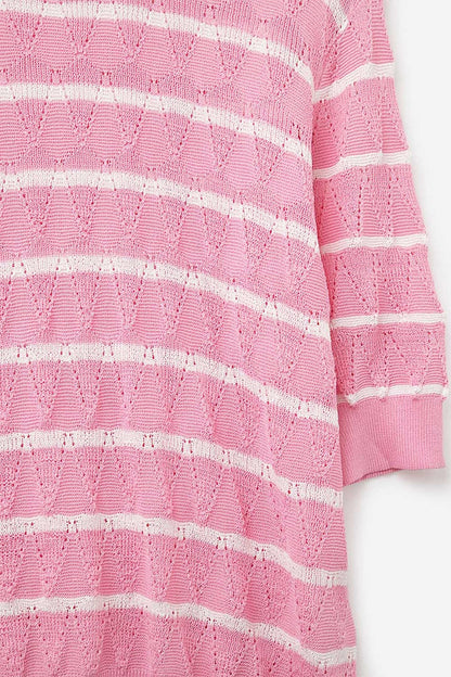 Pink Openwork Knit Top with Short Sleeves and White Stripes