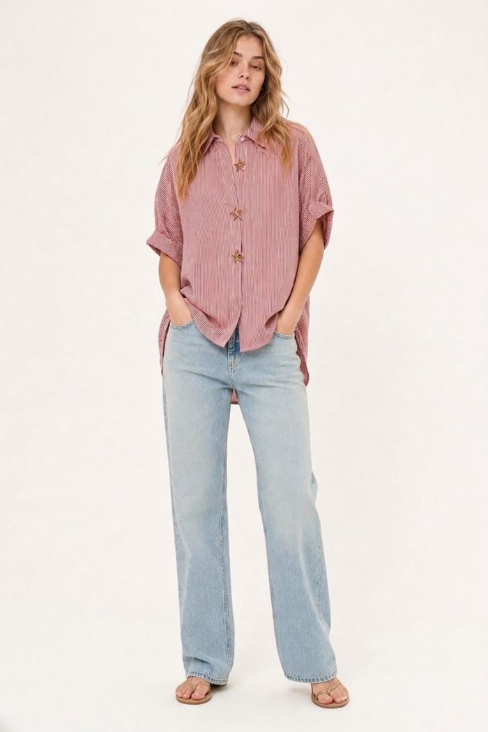 Pink Oversized Striped Poplin Shirt with Starfish Buttons - Shirts