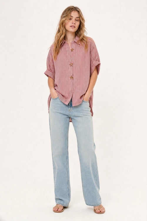 Pink Oversized Striped Poplin Shirt with Starfish Buttons - Shirts