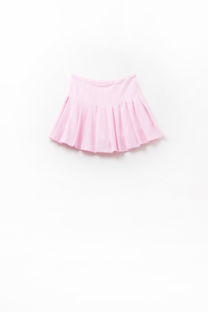 pink pleated mini skirt