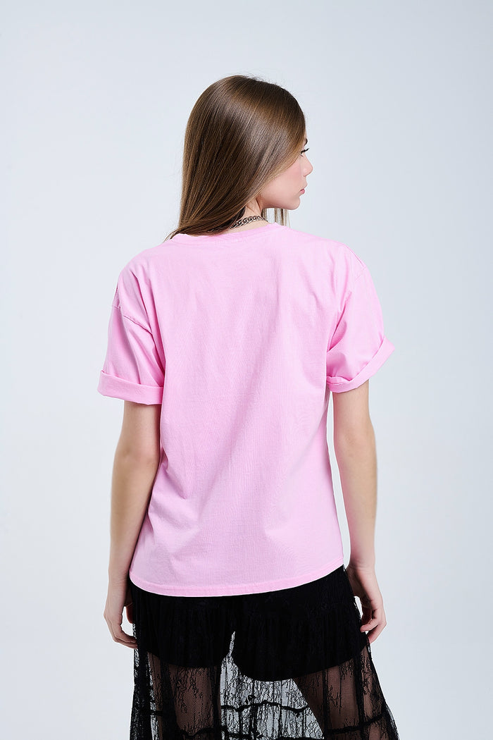 Pink Rebel Graphic Tee with Leopard Print Tongue - top