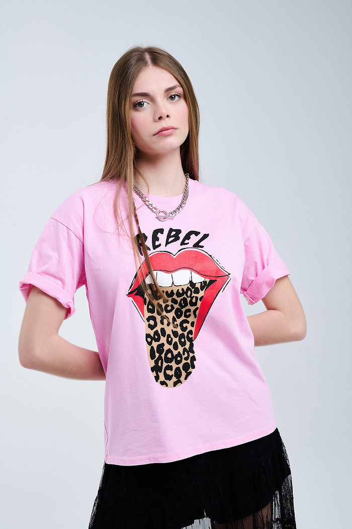 Pink Rebel Graphic Tee with Leopard Print Tongue - top