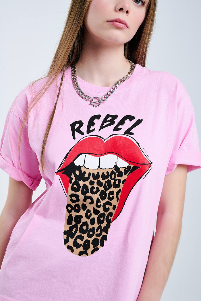 Pink Rebel Graphic Tee with Leopard Print Tongue - top