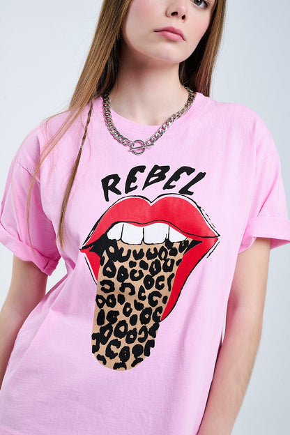 Pink Rebel Graphic Tee with Leopard Print Tongue - top