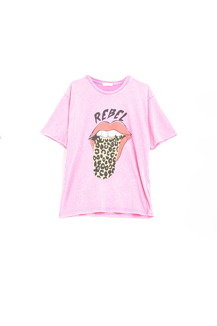 Pink Rebel Graphic Tee with Leopard Print Tongue - top