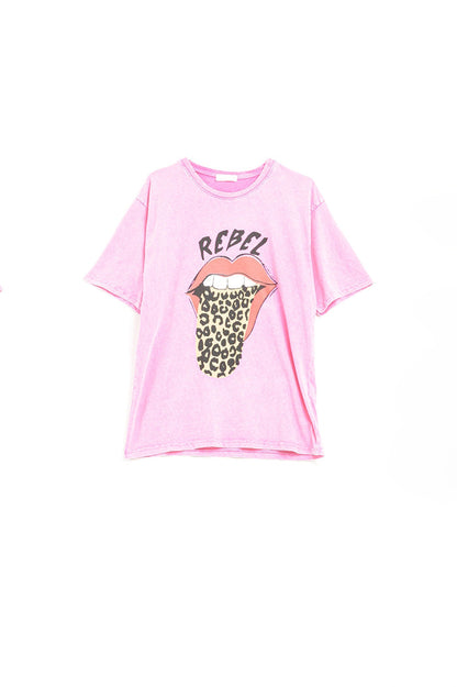 Pink Rebel Graphic Tee with Leopard Print Tongue - top