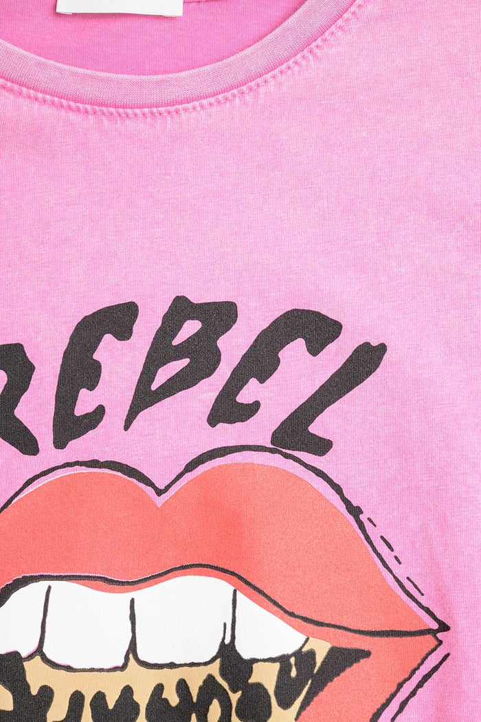 Pink Rebel Graphic Tee with Leopard Print Tongue - top