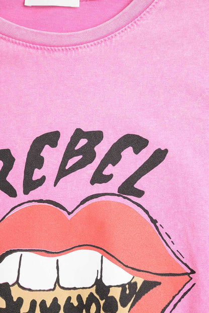 Pink Rebel Graphic Tee with Leopard Print Tongue - top