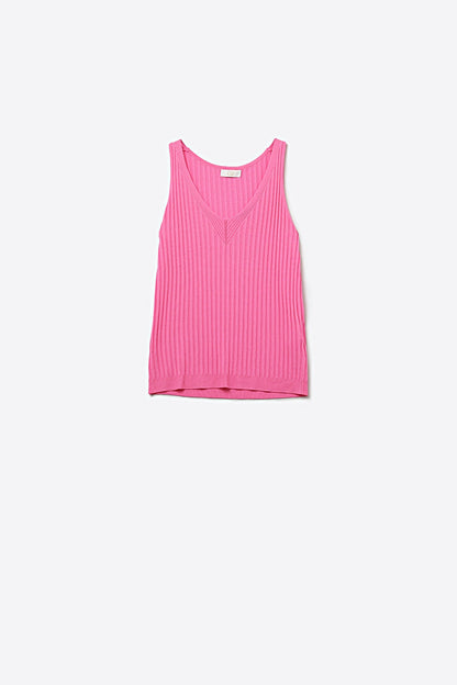 Pink Ribbed Knit V-Neck Tank Top