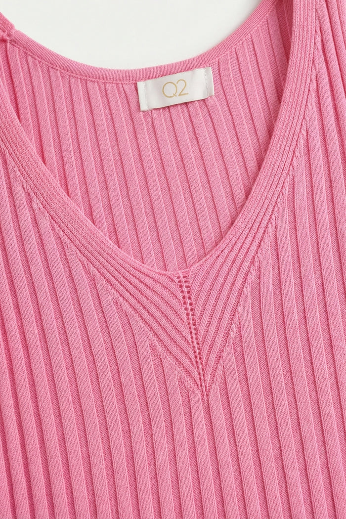 Pink Ribbed Knit V-Neck Tank Top