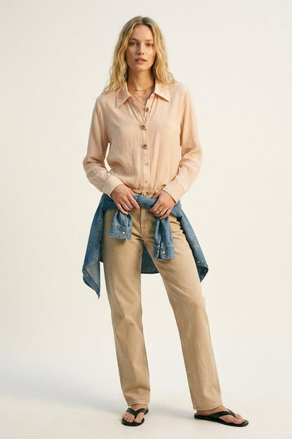 Pink Semi-Sheer Button-Up Shirt with Embroidered sequin Collar - Shirts