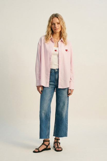 Pink Stripe Cotton Embroidered Heart Set t-shirt and shirt 2 pieces - Shirts