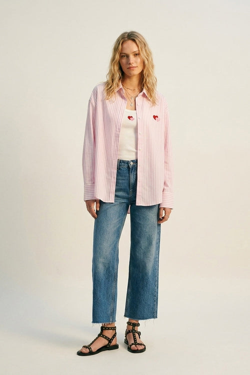 Pink Stripe Cotton Embroidered Heart Set t-shirt and shirt 2 pieces - Shirts