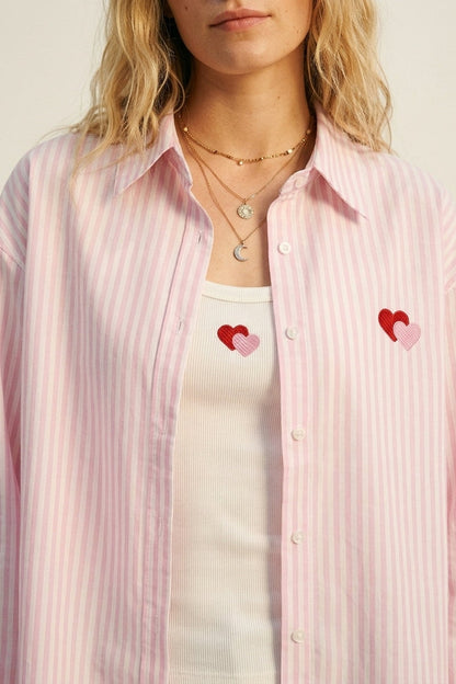 Pink Stripe Cotton Embroidered Heart Set t-shirt and shirt 2 pieces - Shirts