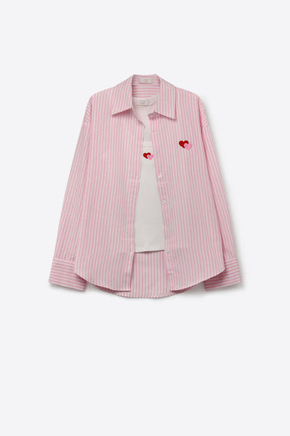 Pink Stripe Cotton Embroidered Heart Set t-shirt and shirt 2 pieces - Shirts