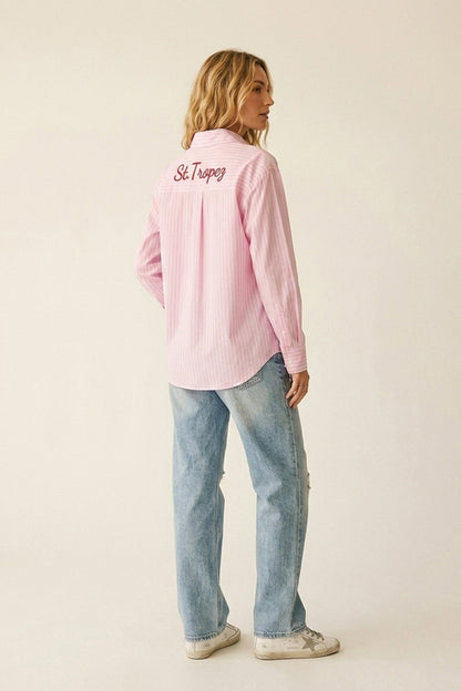 Pink Striped Button-Up Shirt with Embroidered Detail - Shirts